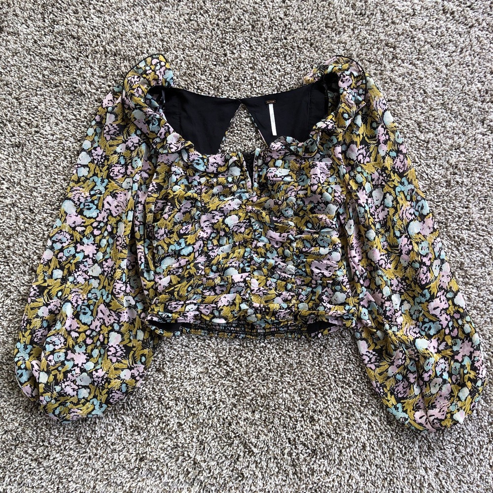 Free People Mabel Floral Printed Boho Long Sleeve Blouse Womens XS Ruched Corset